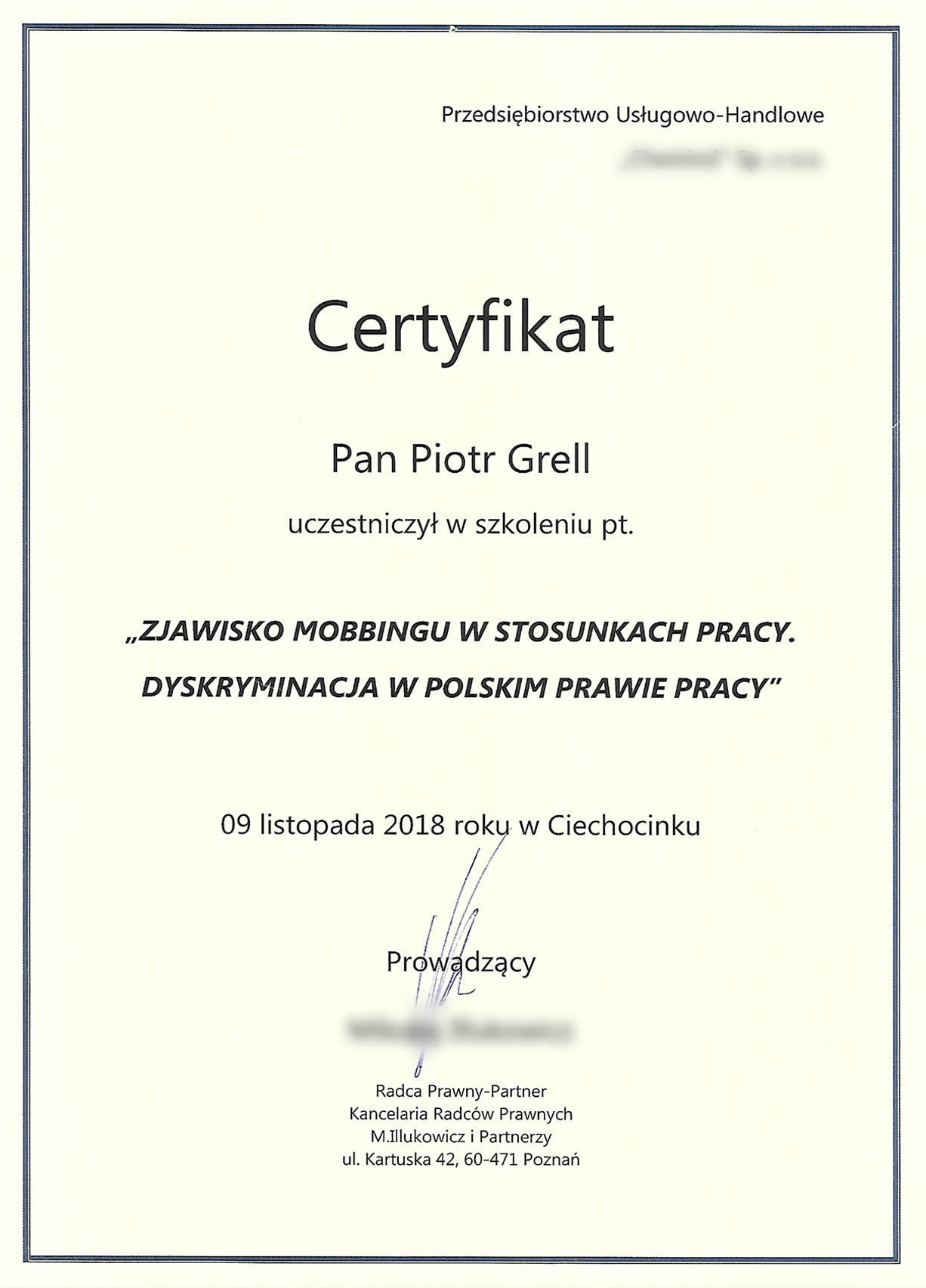 Certyfikat - Zjawisko mobbingu w stosunku pracy. Dyskryminacja w polskim prawie pracy.