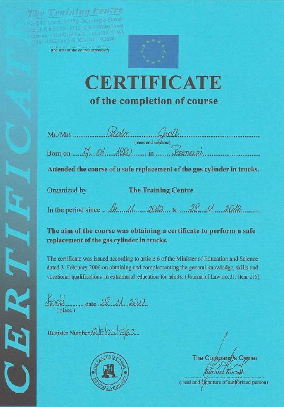 Certificate of the copletion of course attended a safe replacement if the gas cylinder in trucks